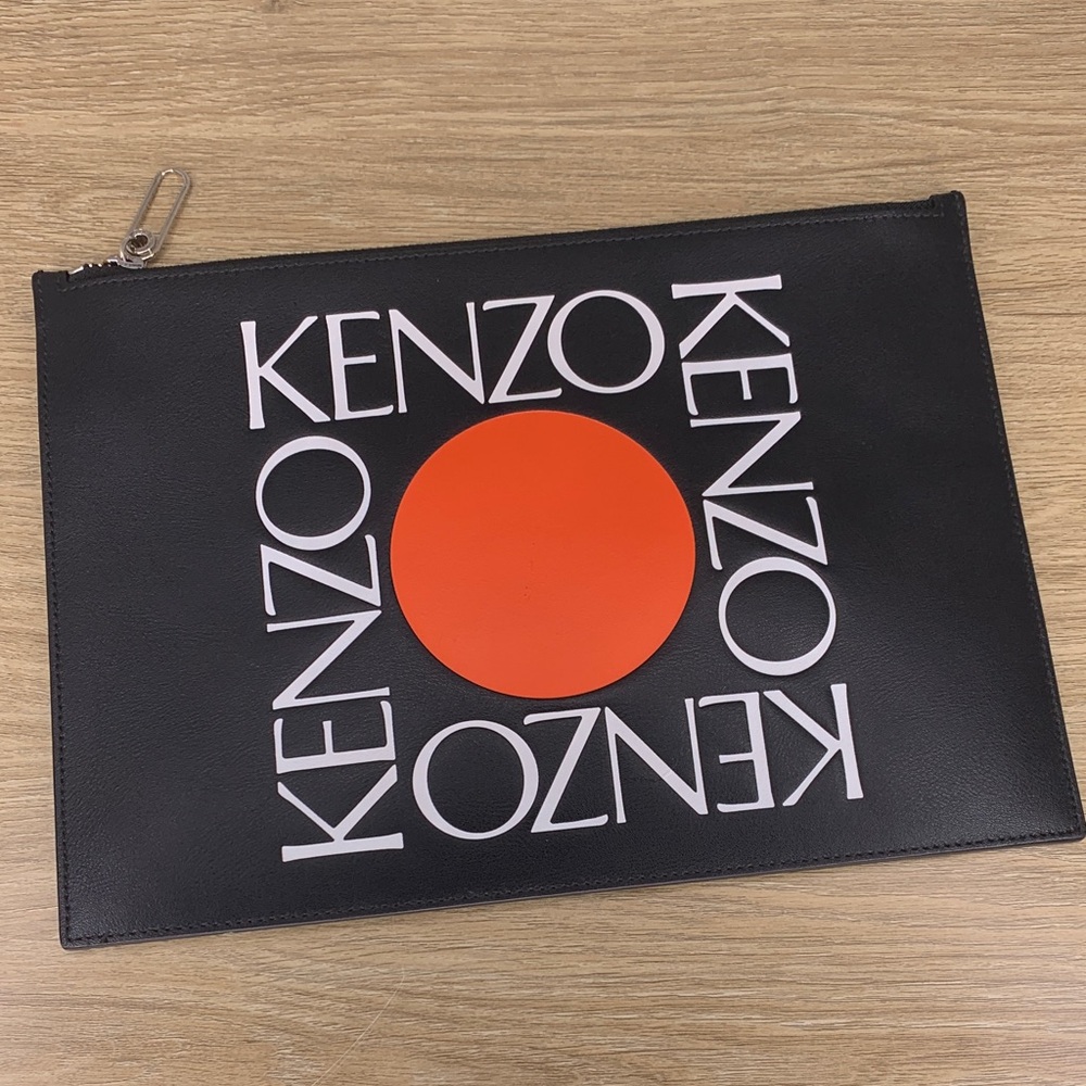 Kenzo Black Leather Pouch with Orange Logo Disc and White Lettering